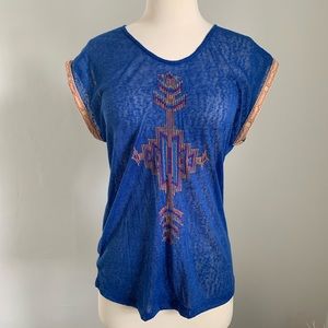 UMGEE Royal Blue Aztec Cap Sleeve Sheer Top‎ Small